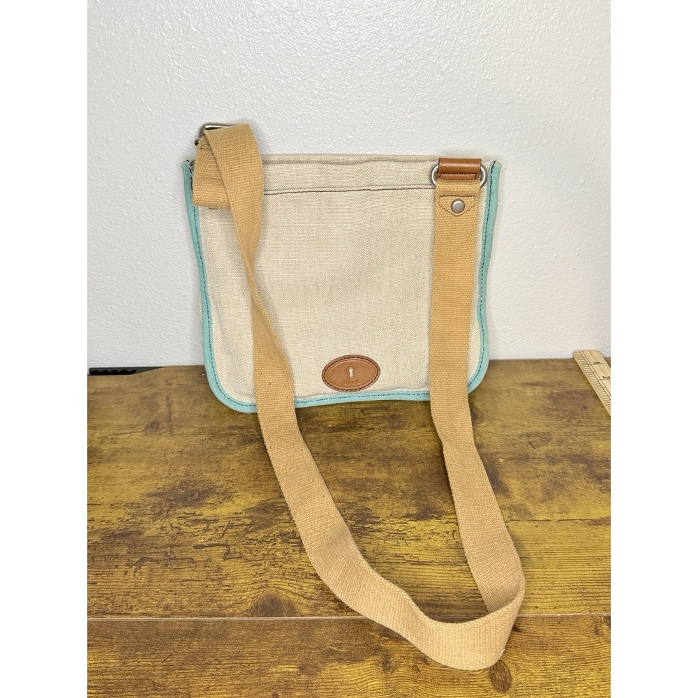 Fossil Canvas Crossbody Shoulder Bag Leather Trim Natural Turquoise‎ Purse